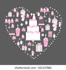 Wedding dessert bar with cake in frame with heart.  Sweet table. Candy Buffet.  Vector illustration.