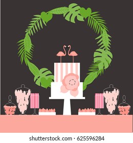 Wedding dessert bar with cake. Sweet table. Candy Buffet.  Vector illustration.