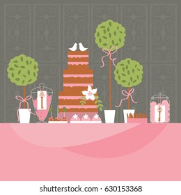 Wedding dessert bar with cake. Sweet table. Candy Buffet.  Vector illustration.