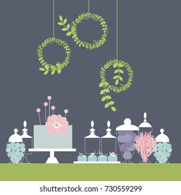 Wedding dessert bar with cake. Sweet table. Candy Buffet.  Vector illustration.