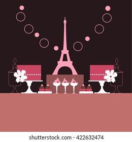 Wedding dessert bar with cakes. Birthday sweet table. Candy Buffet. Pink colors. Paris party. Vector illustration.