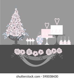 
Wedding dessert bar with cakes and flowers. Sweet table. Candy Buffet.  Vector illustration.