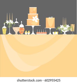Wedding dessert bar with cakes. Sweet table. Candy Buffet.  Vector illustration