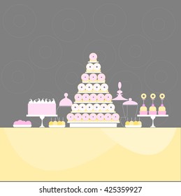 Wedding dessert bar with donuts. Sweet table. Candy Buffet.  Vector illustration.