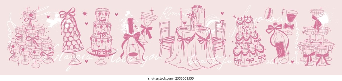 Hochzeitsdessert-Doodle-Set, Vektorkokett romantische Feier Kuchen, Champagner-Turm, Makronen. Eleganter Tisch im Urlaub, handgezeichnetes Menü mit Schleifenbogen und Design-Element. Hochzeitsdessert, Illustration