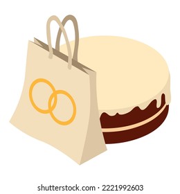 Wedding dessert icon isometric vector. Gift bag with wedding ring image and cake. Celebration, event