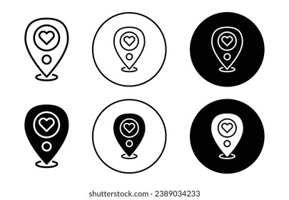 Wedding destination Location icon set. Location pin with heart vector symbol in black filled and outlined style.