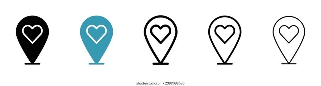 Icono de línea vectorial de ubicación de casamiento conjunto en color blanco y negro. Pin de ubicación con ilustración cardíaca.