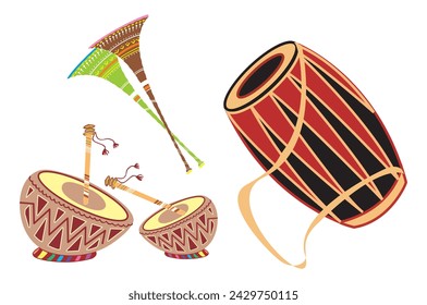 Wedding dhol with shehnai illustration, Vector illustration of different ancient musical instruments, Dhole types wooden sticks vector illustration.