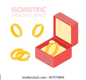 Wedding diamond ring in a box isometric set. Vector illustration.