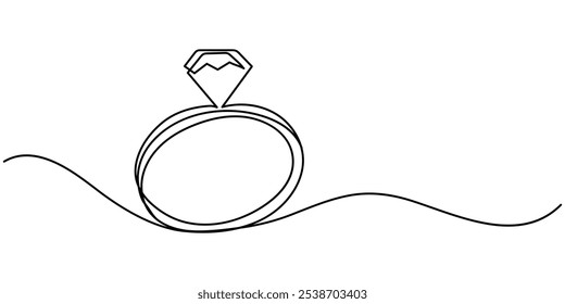 Casamento, Anel De Diamante Ícone De Linha Contínua, Anel De Casamento Ícone De Linha Contínua, Ilustração De Linha Contínua Anel De Solitário, Anel De Diamante Em Forma De Coração, Anéis Ícone De Linha Vetorial - Fino Simples