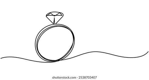 Casamento, Anel De Diamante Ícone De Linha Contínua, Anel De Casamento Ícone De Linha Contínua, Ilustração De Linha Contínua Anel De Solitário, Anel De Diamante Em Forma De Coração, Anéis Ícone De Linha Vetorial - Fino Simples