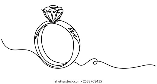 Casamento, Anel De Diamante Ícone De Linha Contínua, Anel De Casamento Ícone De Linha Contínua, Ilustração De Linha Contínua Anel De Solitário, Anel De Diamante Em Forma De Coração, Anéis Ícone De Linha Vetorial - Fino Simples