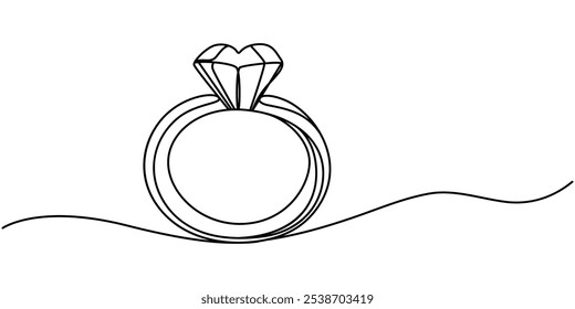 Casamento, Anel De Diamante Ícone De Linha Contínua, Anel De Casamento Ícone De Linha Contínua, Ilustração De Linha Contínua Anel De Solitário, Anel De Diamante Em Forma De Coração, Anéis Ícone De Linha Vetorial - Fino Simples