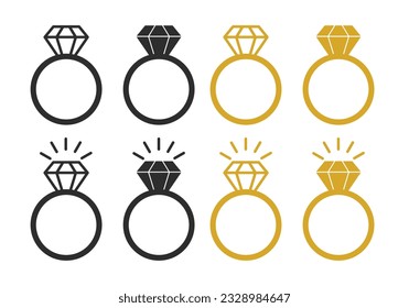 Wedding diamond ring jewelry vector icon set in black and gold color. Engagement or marriage ring symbol with crystal.