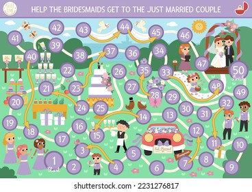 Wedding dice board game for children with cute bride, groom, bridegroom, rings. Marriage ceremony scene boardgame.  Matrimonial printable activity. Help the bridesmaids get to just married couple
