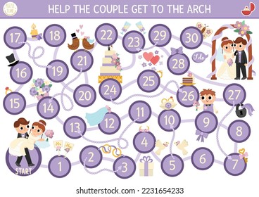 Wedding dice board game for children with cute just married couple, bride, groom, bridegroom, rings. Marriage ceremony boardgame.  Matrimonial printable activity. Help the couple get to the arch