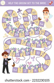 Wedding dice board game for children with cute just married couple, bridegroom, rings. Marriage ceremony boardgame.  Matrimonial printable activity. Help the groom get to the bride