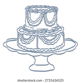 Wedding Dinner dessert Icon. Doodle sketch with festive food, whimsical cake on a plate decorated with cream. Design for festive menu and wedding invitation. Hand drawn vector illustration isolated.