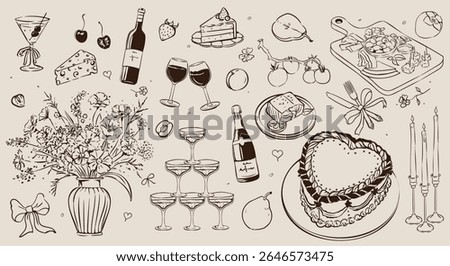 Wedding dinner icons. Doodle chalk style stickers with festive food, cake, glass of wine or champagne. Design elements for cafe menu. Hand drawn vector illustration collection isolated on background
