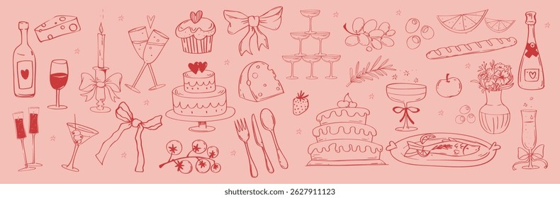 Wedding dinner icons. Sketch style stickers with festive food, champagne, cake, glass of wine and Italian cuisine. Design for holiday invitations. Hand drawn vector illustration isolated on background