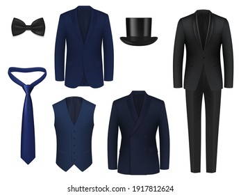Wedding or dinner mens suit realistic mockup. Blue, black classic tuxedo jackets with single, double breasted tux, shawl collar, peak and shawl lapel, waistcoat, bow tie and necktie, top hat 3d vector