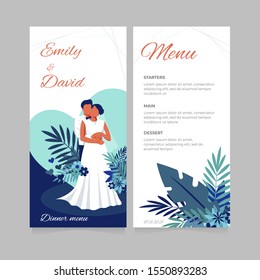 Wedding dinner menu with couple on blue background with hearts and tropical leaves. Wedding menu template. Vector