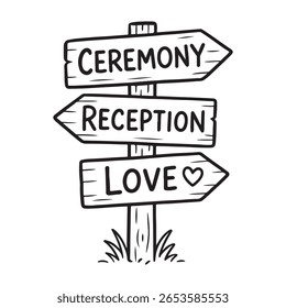 Vector de signo de dirección de Boda – Ceremonia Recepción Love Arrow Tablero Line Art para decoración romántica

