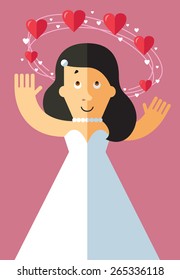 Wedding dizziness. Hearts floating around a bride head.  Flat vector illustration.