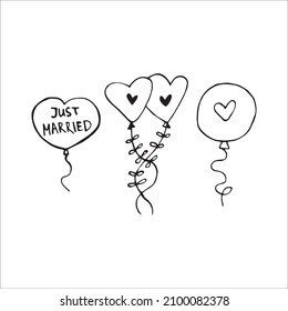 Globo de doodle de bodas. Ilustración vectorial dibujada a mano. Forma cardíaca.