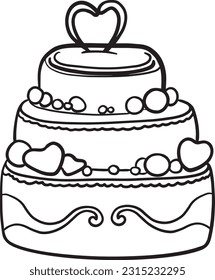 Wedding doodle cake outline. Hand drawn cute decorative festive three tiered cake vector illustration in minimalistic style. Design for a bakery icon, logo, wedding invitation, greeting cards.