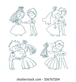 Wedding doodle comic set. Cute bride and groom. Wedding couple. Outline. 
