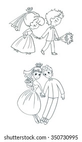 Wedding doodle comic set. Cute bride and groom. Wedding couple. Outline. 