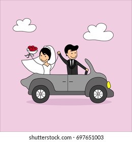 Wedding doodle couple, bride and groom  in a car with pink background