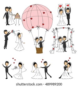 Wedding doodle couple in love. Vector illustration for greeting card, invitation and banner
