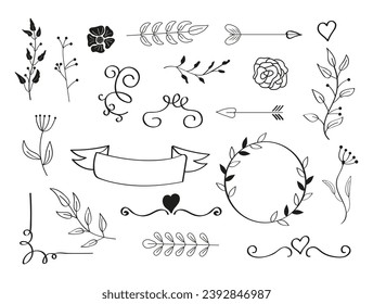 Wedding doodle elements vector. Vintage swirl element. Leaves branch, floral frames, flower decorative ornament for wedding envelopes, text.