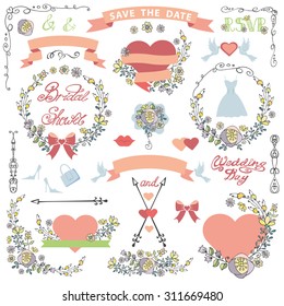 Wedding doodle flowers decor set.Bridal shower.For invitations card,greeting,RSVP, love design template.Vintage Floral wreath,bouquet,ribbon and heart,swirls,lettering,dress.Cute Vector.