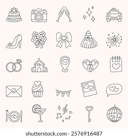 Wedding doodle icon set - church, heart, rings, glasses, car, bow, star, sparkle, dress, cake, geotag, envelope. Hand drawn vector marriage symbol for decoration invitation, card on white background.