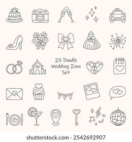 Boda doodle icono conjunto - corazón, anillos, gafas, coche, iglesia, arco, estrella, chispa, vestido, torta, geotag, sobre. Vector dibujado a mano símbolo de matrimonio para la invitación de la decoración, tarjeta sobre fondo blanco.