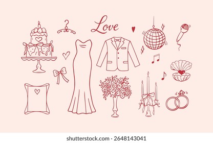 Wedding doodle icon set. Romantic hand drawn love elements in red and pink for cards and packaging. Vector illustration