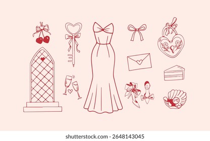 Conjunto de ícone de doodle de casamento. Romântico mão desenhado elementos de amor em vermelho e rosa para cartões e embalagens. Ilustração vetorial