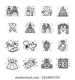 Wedding doodle icons collection , hand drawn line art style, perfect for celebration of love and valentine day, flat illustration design.