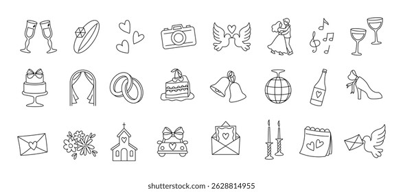Wedding doodle icons. Invitation card symbols, outline marriage pictograms, bride and groom, love heart, engagement rings, wedding cake and flowers. Vector marriage set.