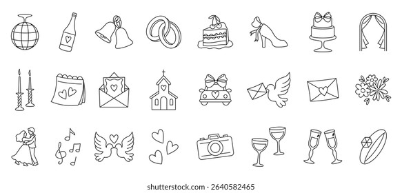 Wedding doodle icons. Invitation card symbols, outline marriage pictograms, bride and groom, love heart, engagement rings, wedding cake and flowers. Vector marriage set.
