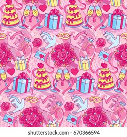 Wedding doodle outline seamless colorful pattern on abstract background. Romantic pink wallpaper.