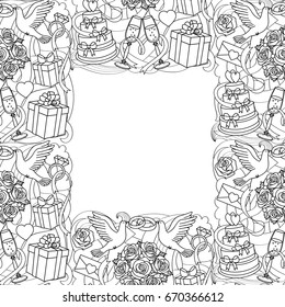 Wedding doodle outline seamless frame on abstract background. Romantic black and white wallpaper, coloring page with text place.