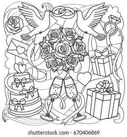 Wedding doodle outline set on abstract background. Romantic coloring page.