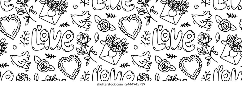 Patrón de garabato de Boda. Fondo de contorno festivo. inscripción amor, sobre con flores, corazones, rosas y aves. Para tarjetas de invitación, papel de embalaje, Fondo de pantalla o tela. Ilustración vectorial.