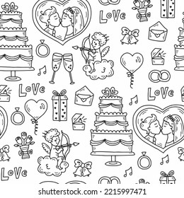 Wedding doodle seamless pattern with cake bride groom. Cute hand drawn black and white endless background witn cartoon scribbles for marriage, bridal theme. Repeat vector illustration