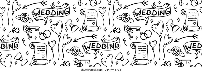 Boda doodle sin patrón. Fondo de contorno festivo. Cinta, globos en forma de corazón, llave y certificado de matrimonio. Para tarjetas de invitación, papel de embalaje, Fondo de pantalla o tela. Ilustración vectorial